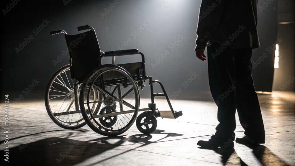 An empty wheelchair in a dramatic spotlight on stage, symbolizing performance, mystery, and the significance of representation in art and storytelling.
An empty wheelchair in a dramatic spotlight on stage, symbolizing performance, mystery, and the significance of representation in art and storytelling.