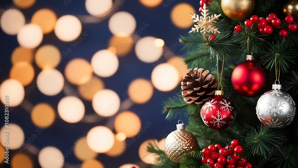 Fototapeta premium Festive Christmas Tree with Red and Gold Ornaments and Bokeh Lights