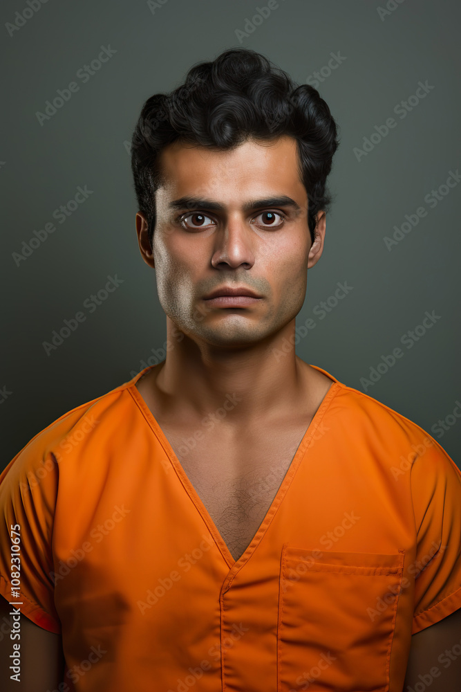 Fototapeta premium Prison mugshot of young Indian man in orange jumpsuit
