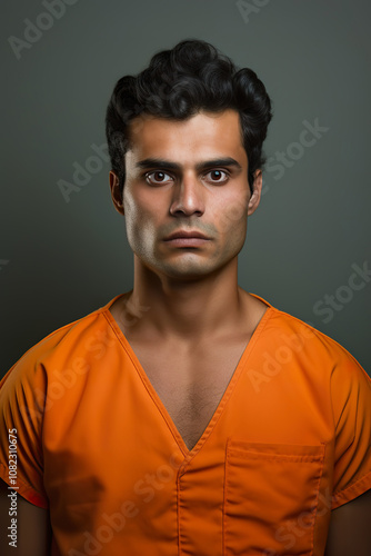 Prison mugshot of young Indian man in orange jumpsuit