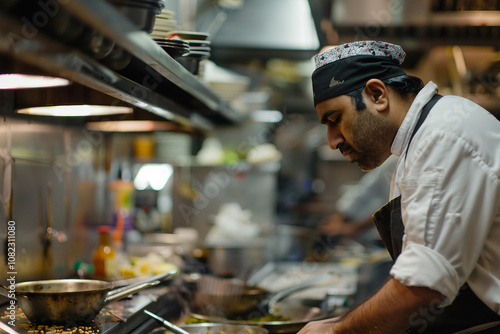 Generative AI Depiction of a Professional Male Chef Working in a Busy Restaurant Kitchen