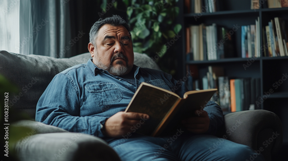 Hispanic overweight middle aged man sitting in the sofa, reading a book. Plus size hispanic man reading, sitting on couch, wellness at home theme. Diversity, body inclusive theme. Hispanic overweight middle aged man sitting in the sofa, reading a book. Plus size hispanic man reading, sitting on couch, wellness at home theme. Diversity, body inclusive theme.