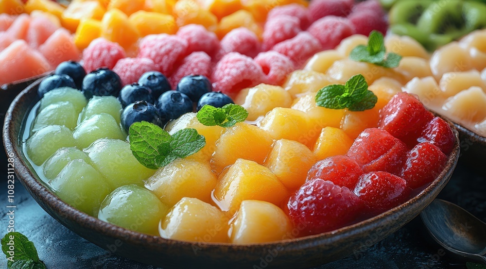 A colorful bowl of fresh fruit salad with melon, grapes, strawberries, blueberries, raspberries, kiwi and mint. A colorful bowl of fresh fruit salad with melon, grapes, strawberries, blueberries, raspberries, kiwi and mint.