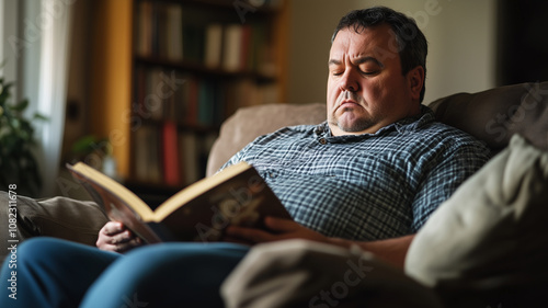 Hispanic overweight middle aged man sitting in the sofa, reading a book. Plus size hispanic man reading, sitting on couch, wellness at home theme. Diversity, body inclusive theme. photo