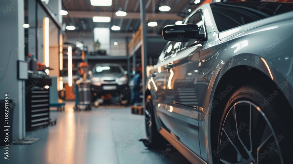 A dynamic automotive repair shop with mechanic's tools and car parts, Mechanics repairing engines and bodywork, Automotive maintenance style A dynamic automotive repair shop with mechanic's tools and car parts, Mechanics repairing engines and bodywork, Automotive maintenance style
