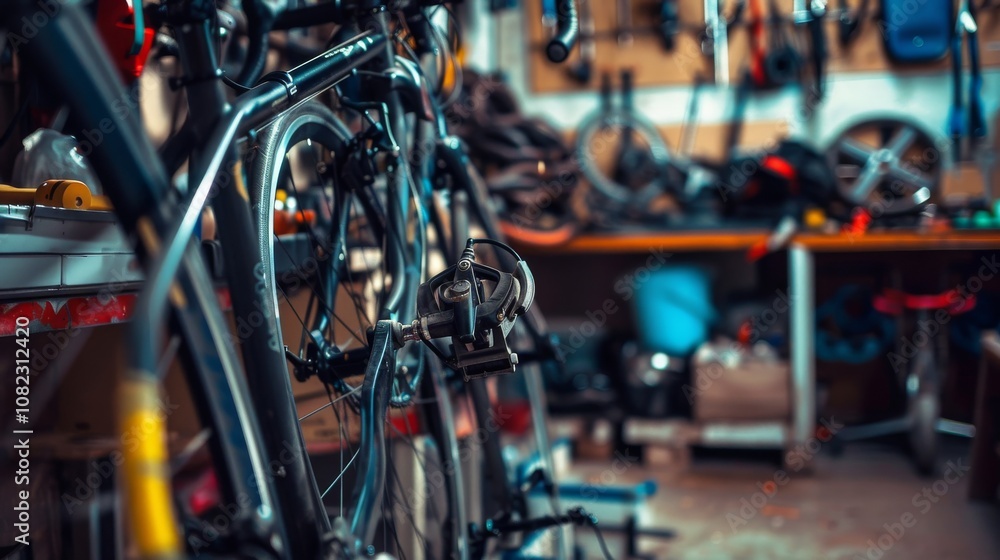 A dynamic bike repair shop with bicycle tools and repair stands, Mechanics servicing bicycles in a workshop, Cycling maintenance style A dynamic bike repair shop with bicycle tools and repair stands, Mechanics servicing bicycles in a workshop, Cycling maintenance style