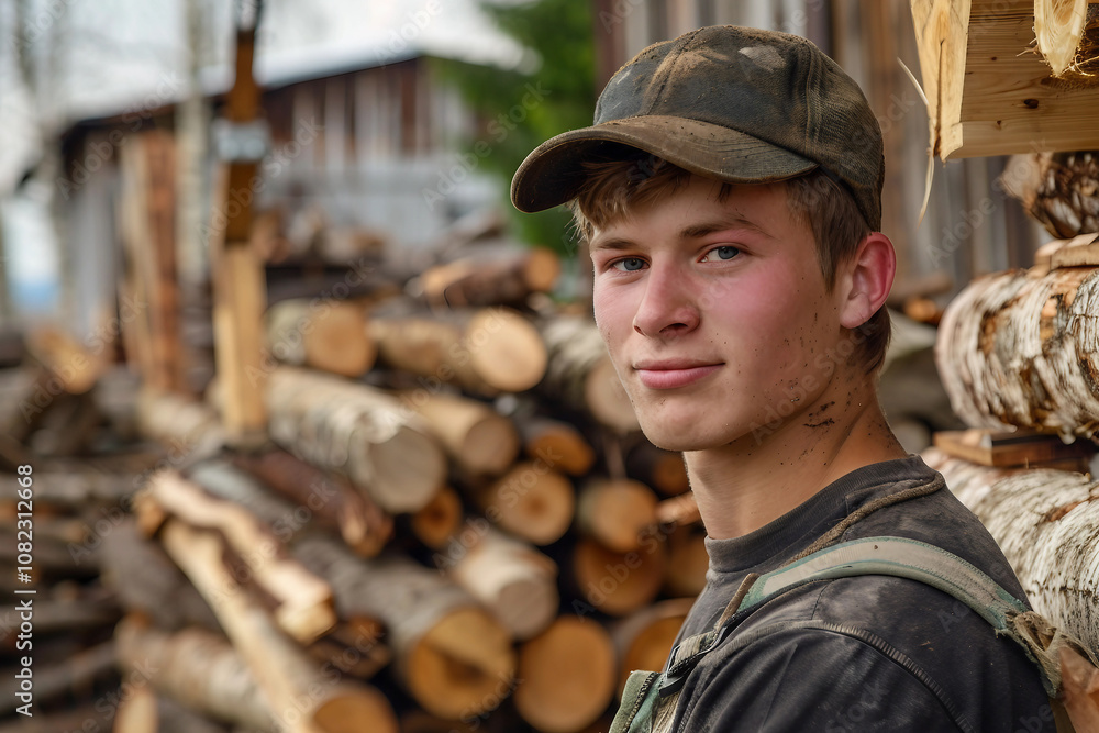 Generative AI image of a handsome virile bearded woodcutter at work in a traditional woodworking workshop Generative AI image of a handsome virile bearded woodcutter at work in a traditional woodworking workshop