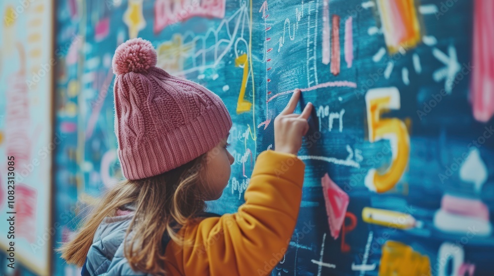 Obraz premium Little Girl Learning and Writing on Blackboard