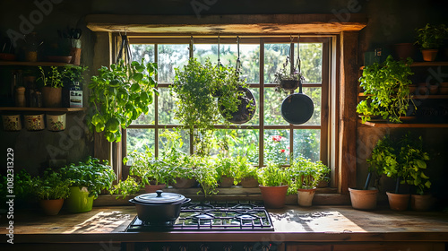 Rustic Kitchen Window with Herbs - Photo