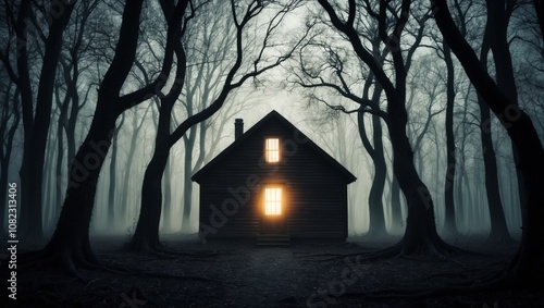 An isolated cabin stands amidst a dense, foreboding forest, shrouded in an eerie