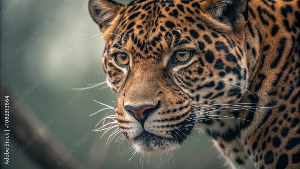 Fototapeta premium Intense Jaguar Profile Close-Up, Majestic Wildlife Portrait, Stunning Animal Photography, Exotic Big Cat Features, Captivating Eyes, Nature's Beauty, Wild Jungle Predator, Detailed Fur Texture