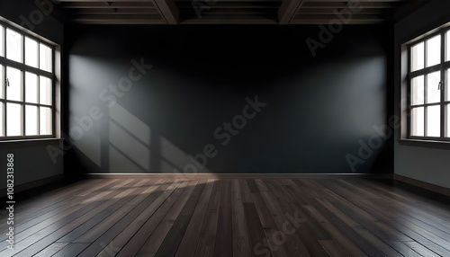 A dark, moody interior with a wooden floor and a black wall with dramatic lighting
