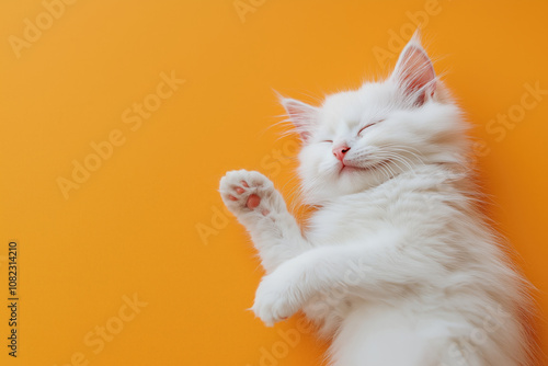 Fluffy white cat sleeping on vibrant yellow background