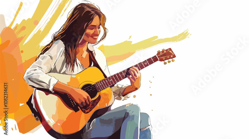 Cheerful Businesswoman Playing Acoustic Guitar in Colorful Office Environment