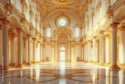 Fantasy palace interior with golden decor and castle-like features. Generative AI with generative ai