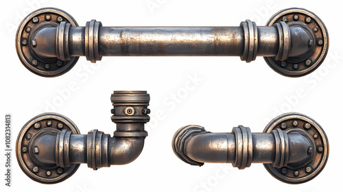 Tile-able steampunk metal pipes, isolated on white background, generative ai. Steampunk. Illustration
