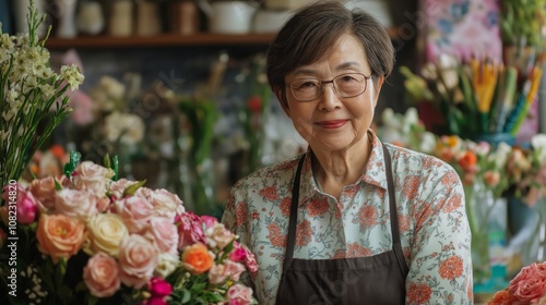 Elegant elderly asian woman florist in blooming flower shop for lifestyle and personal growth concepts photo