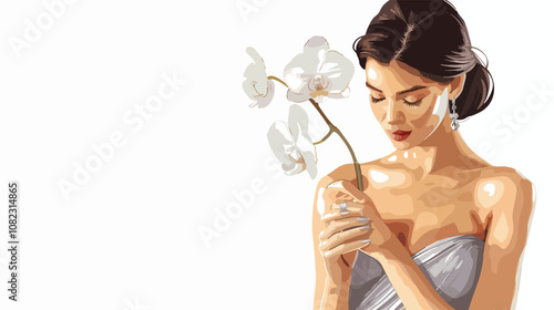 Elegant Young Woman in Evening Dress with White Orchid
