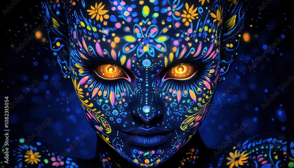 Mesmerizing Black Light Painting of Intricate Floral Face on Blue Background Mesmerizing Black Light Painting of Intricate Floral Face on Blue Background