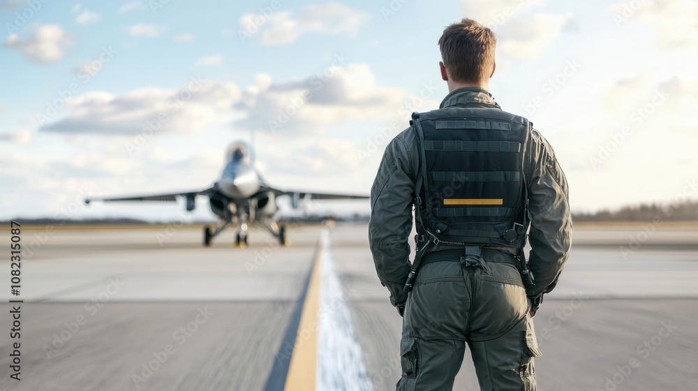 A military pilot dressed in a flight suit stands on the runway, observing a fighter jet as it readies for takeoff under a bright blue sky filled with clouds A military pilot dressed in a flight suit stands on the runway, observing a fighter jet as it readies for takeoff under a bright blue sky filled with clouds