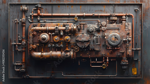 Vintage industrial steampunk machine with rusted metal details and intricate piping, showcasing unique artistry and mechanical design. Steampunk. Illustration