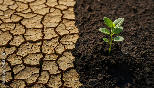 Climate change psychology as a dried or dry cracked land suffering from drought versus rich moist organic earth with a growing young plant with white shades, png