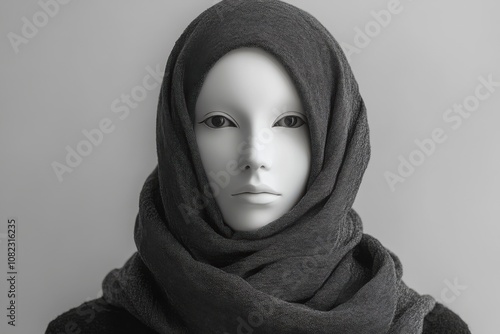 Mannequin wearing a scarf and a black sweater, sale discount concept photo