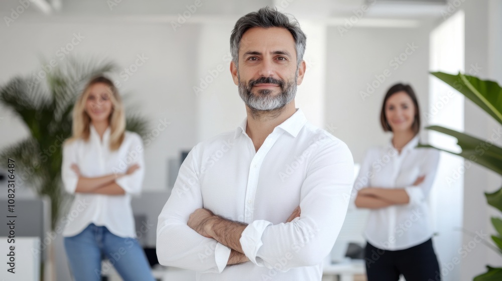 The professional man stands confidently with arms crossed in a bright office, flanked by two women who appear engaged and supportive, reflecting a strong team dynamic The professional man stands confidently with arms crossed in a bright office, flanked by two women who appear engaged and supportive, reflecting a strong team dynamic