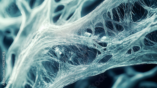 Ultra-realistic view of bioprinted muscle fibers, sharp focus, intricate organic layering, futuristic biolab background  photo