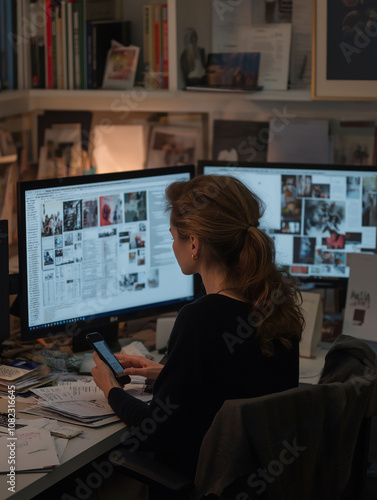 A woman works diligently at her desk surrounded by two computer screens and stacks of documents in a busy office in the evening