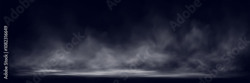 Smoke on dark atmospheric background with low fog drifting across ground soft gradients .