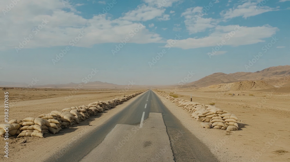 A deserted road stretches through a dry landscape, bordered by sandbags under a blue sky. A deserted road stretches through a dry landscape, bordered by sandbags under a blue sky.