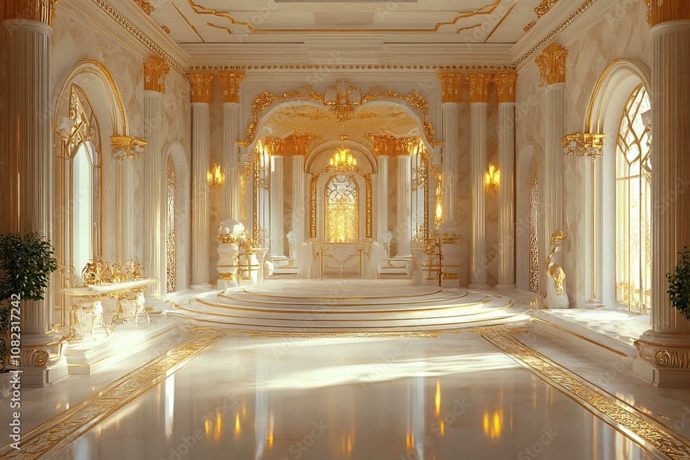 Fototapeta premium Fantasy palace interior with golden decor and castle-like features. Generative AI with generative ai