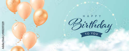 Happy Birthday banner with balloons and cloud on blue background. Vector illustration for banner, poster, flyer, greeting card and advertisement.