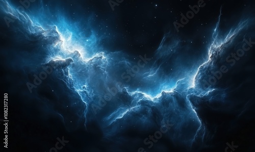 Cosmic nebula with luminous blue clouds and stars, swirling gas and dust in deep space, ethereal and mesmerizing appearance