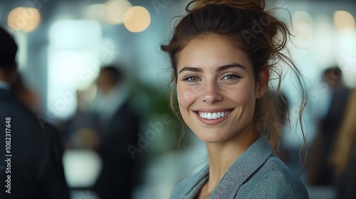 Corporate event photo showing a forced smile from a burnedout woman photo