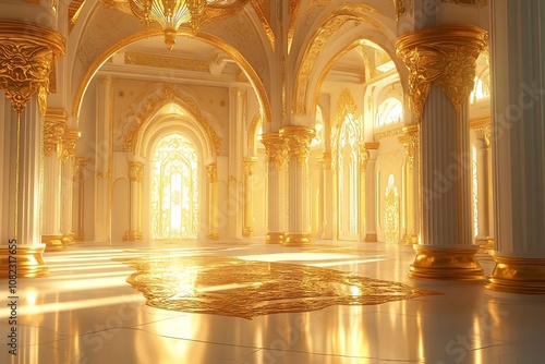 Fantasy palace interior with golden decor and castle-like features. Generative AI with generative ai