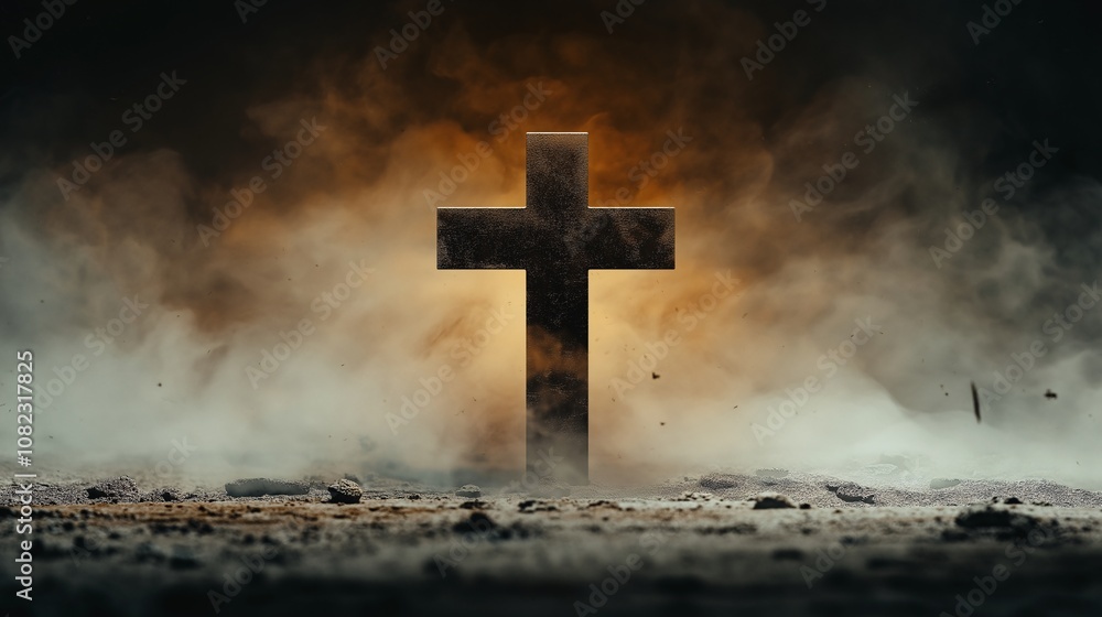 A Stunning Metallic Cross Floating Ethereally in a Wispy Mist, Illuminated by an Enigmatic Glow Against a Dramatic Background A Stunning Metallic Cross Floating Ethereally in a Wispy Mist, Illuminated by an Enigmatic Glow Against a Dramatic Background