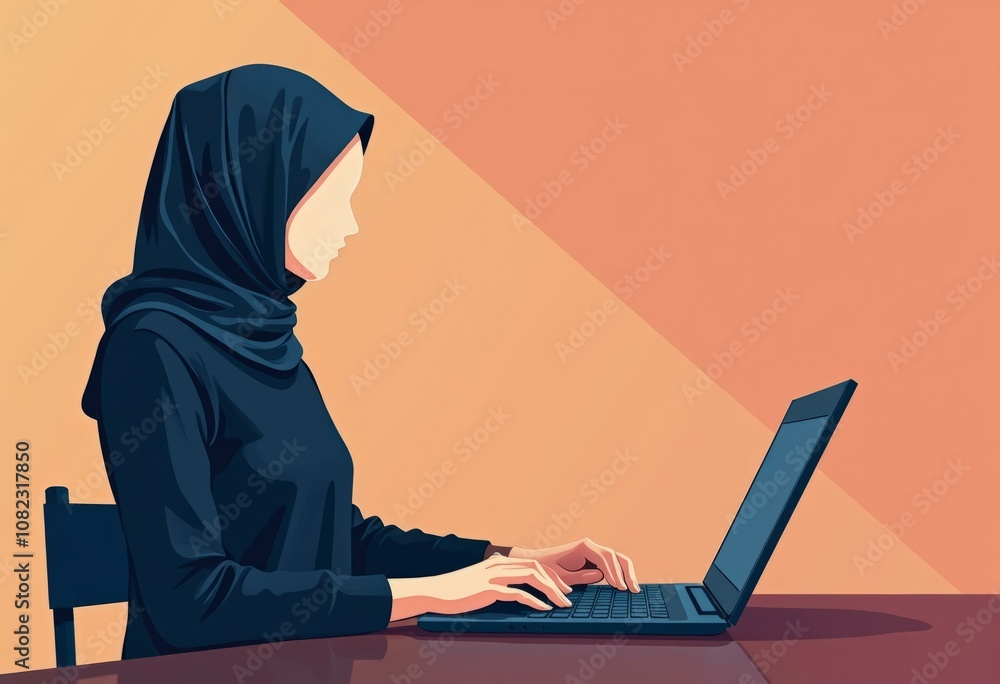Faceless woman in black hijab typing on laptop against orange and peach background. Faceless woman in black hijab typing on laptop against orange and peach background.