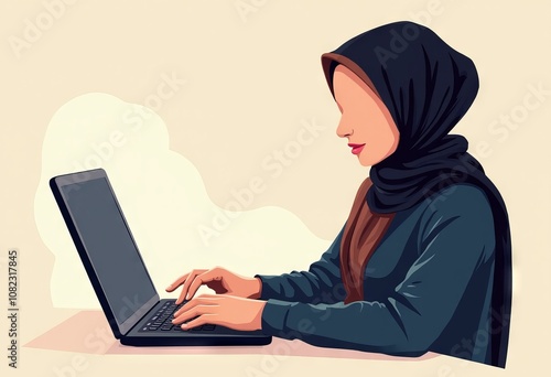 Woman in dark green hijab working on laptop with light beige background.