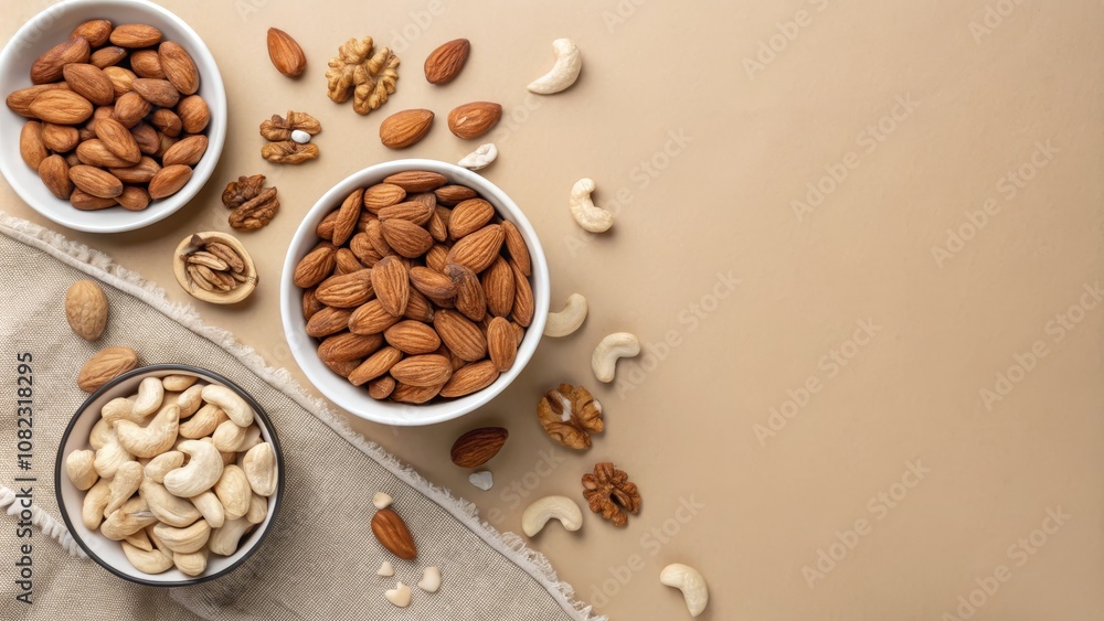 Minimalist Composition of Assorted Nuts on Light Brown Backdrop with Ample Space for Custom Text Placement, Perfect for Healthy Snack Promotions and Culinary Blogs Minimalist Composition of Assorted Nuts on Light Brown Backdrop with Ample Space for Custom Text Placement, Perfect for Healthy Snack Promotions and Culinary Blogs