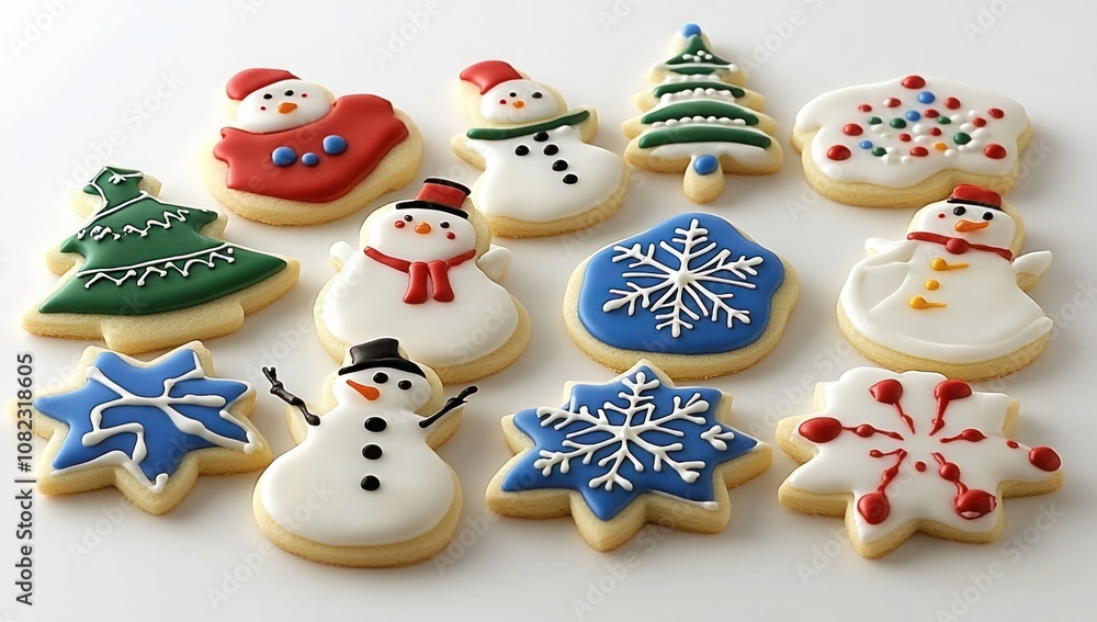 Festive Cookie Decorations with Icing and Patterns in Various Colors and Designs on White Background - High-Quality Professional Photography Festive Cookie Decorations with Icing and Patterns in Various Colors and Designs on White Background - High-Quality Professional Photography