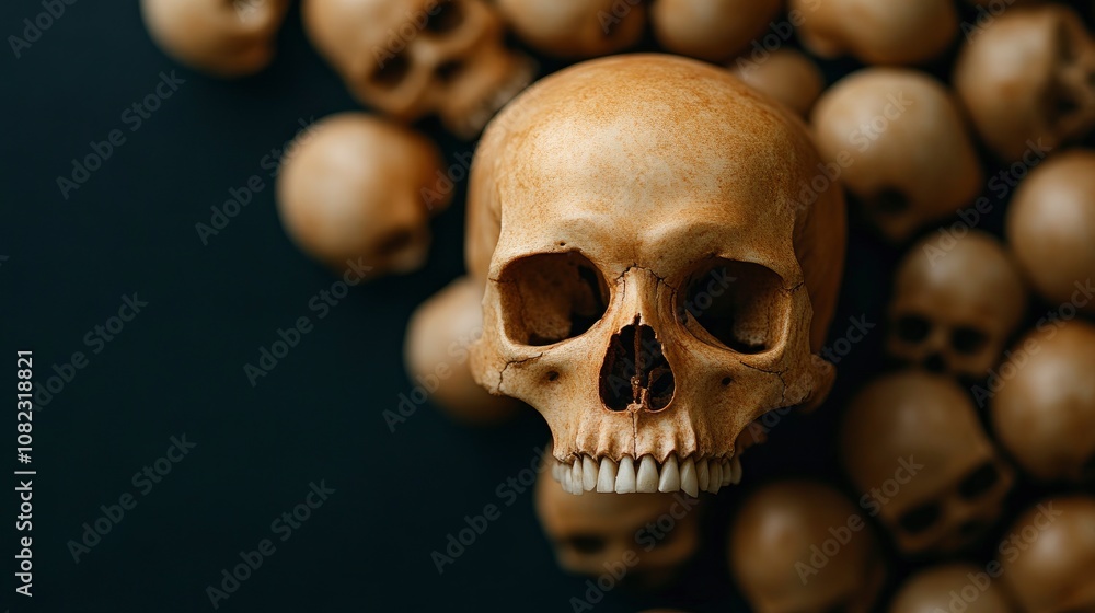 Human Skull Close Up Surrounded by Skulls Human Skull Close Up Surrounded by Skulls