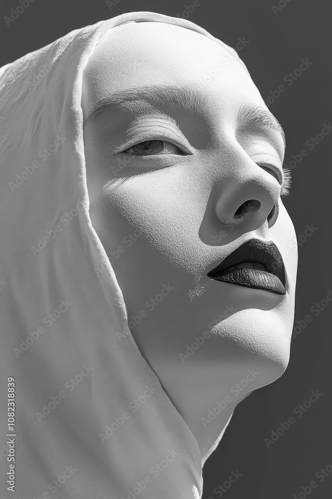 Woman with a white head scarf on her head, sale discount concept Woman with a white head scarf on her head, sale discount concept