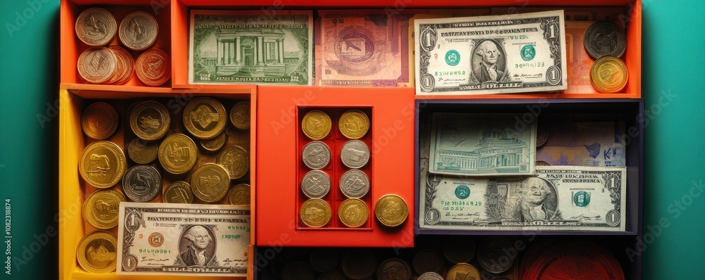 A collection of coins and banknotes organized in colorful compartments. A collection of coins and banknotes organized in colorful compartments.