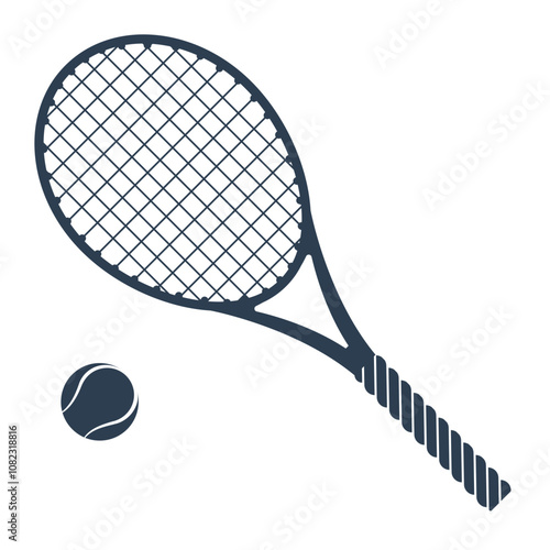 Tennis racket icon vector. Racket with ball on court. Tennis accessory. Silhouette racquet for sport. Vector illustration.