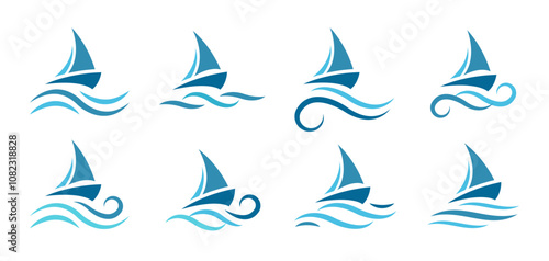 Sea sailing boat in the blue ocean. Marine ship with sail in sea waves icon collection. Sailboats design company logotype. Vector illustration.
