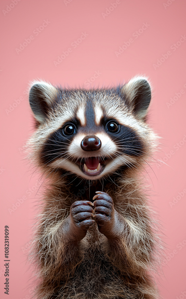 Portrait of funny surprised raccoon isolated on pink background Portrait of funny surprised raccoon isolated on pink background