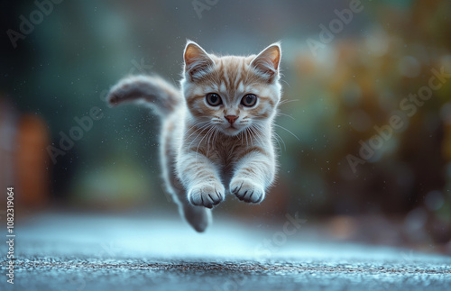 Cute cat flying. Playful cat jumping mid-air looking at camera isolated on blur street background