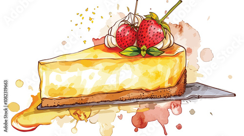 Cheesecake Watercolor Illustration on Splash Background